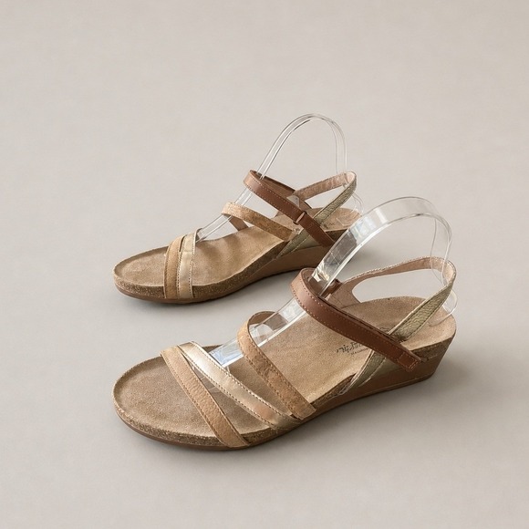 Taos Footwear Shoes - NAOT Leather Handmade Multi-Strap Cork Wedge Sandals Womens Size 9 Rose Gold Tan